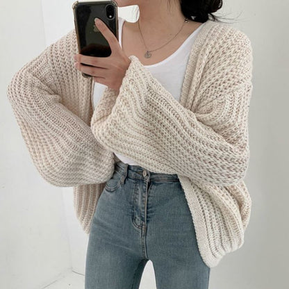 Damen Strickjacke Offen Vorne Grob Gestrickt