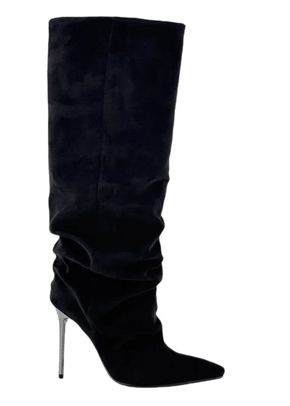 hohe schwarze wildleder stiefel mit faltenoptik