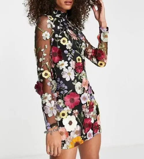 Damenkleid 3D Blumenstickerei Mesh Sommerkleid