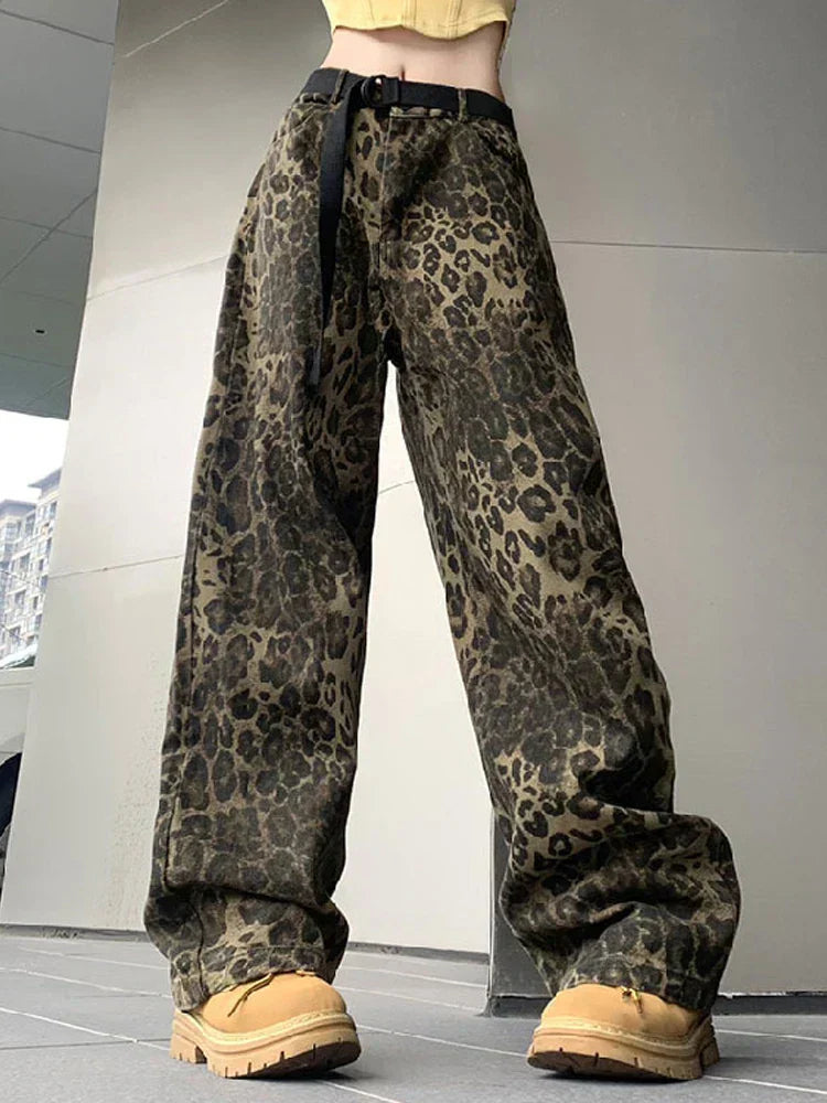Damen Jeans Leopardenmuster Weit Bein - BerlinGlamour