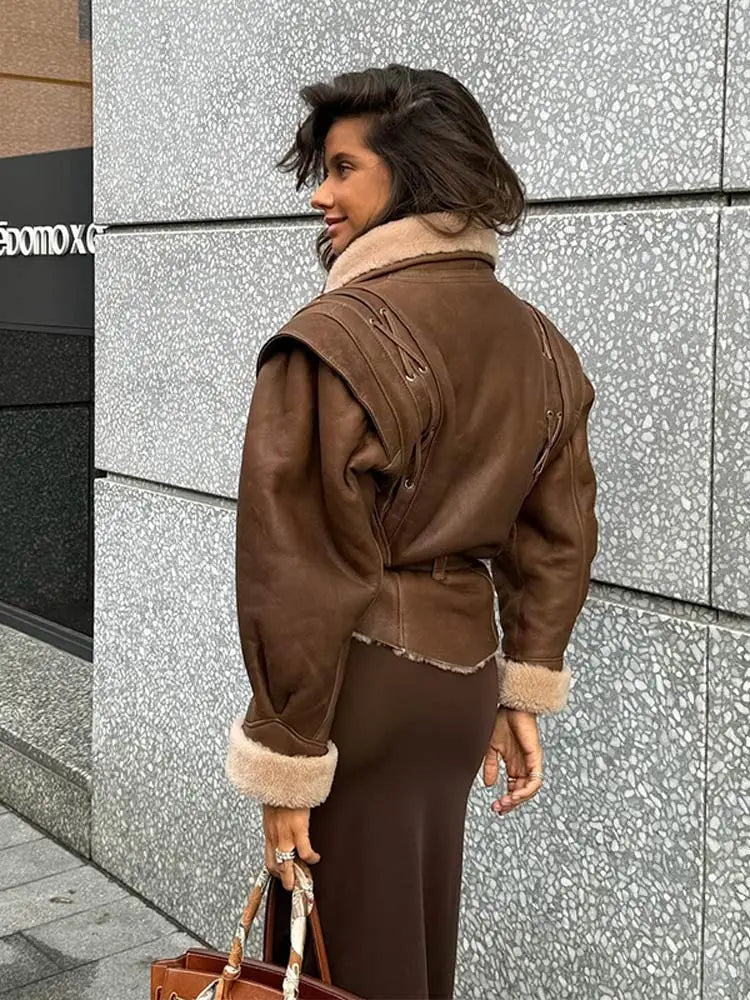 Lederjacke Braun Pelzverbramt Mit Gürtel Damen