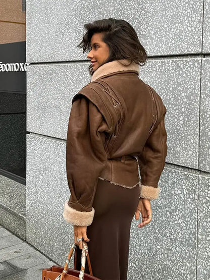 Lederjacke Braun Pelzverbramt Mit Gürtel Damen