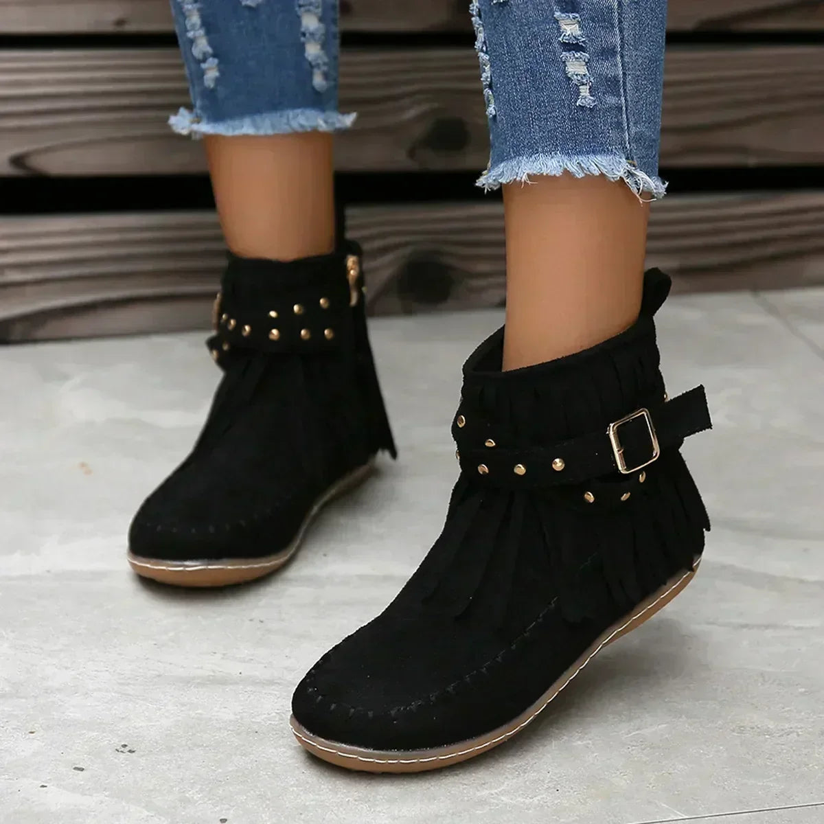 Stiefel Ankle Boots Nieten Fransen Schuhe Damen