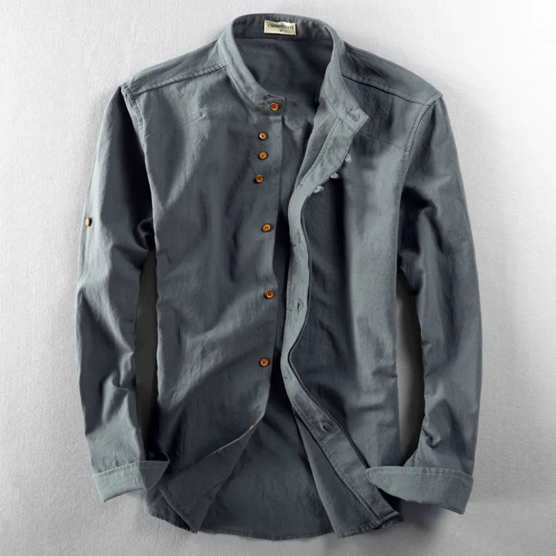Herren Hemd Langarm Leinen Baumwolle Japan Style