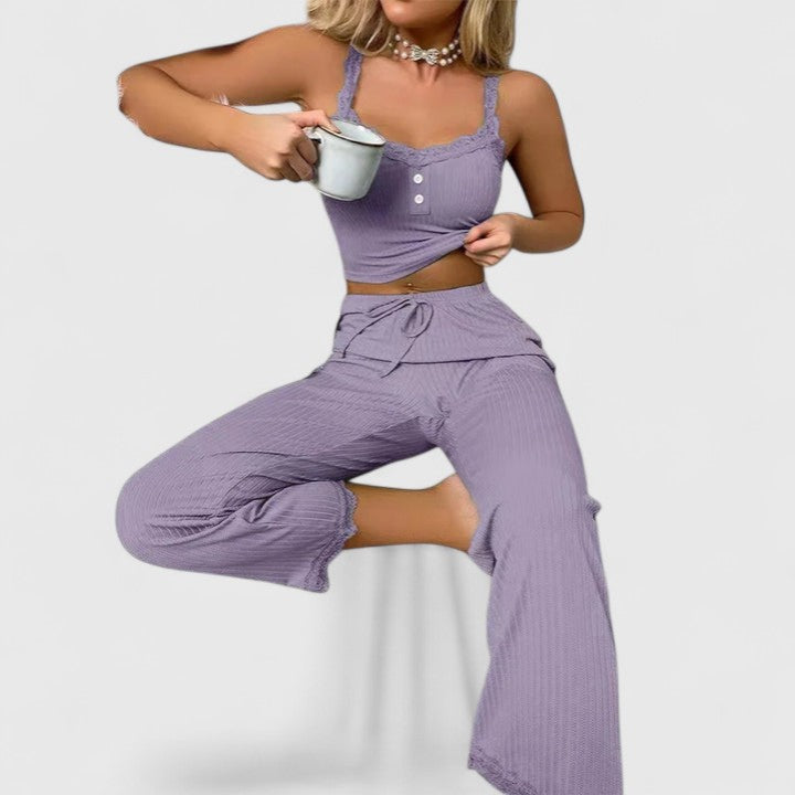 Damen Pyjama-Set Gerippt mit Spitze Elegant