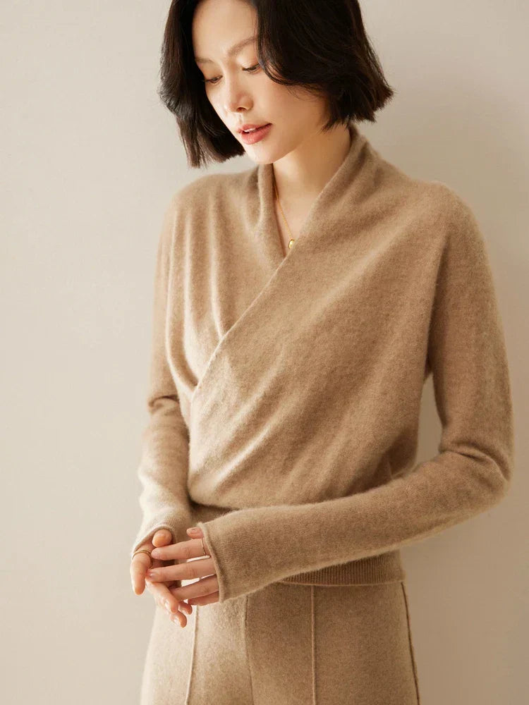 Damen Wickelpullover Elegantes Überkreuzdesign Modern