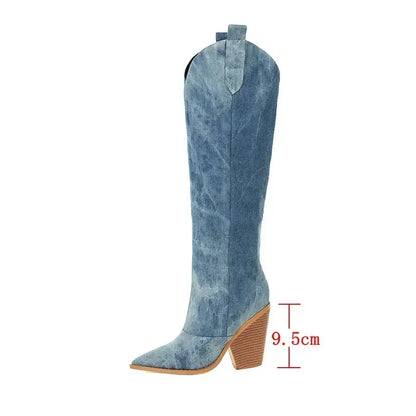 Hohe Denim Stiefel Knielang Damen Schuhe