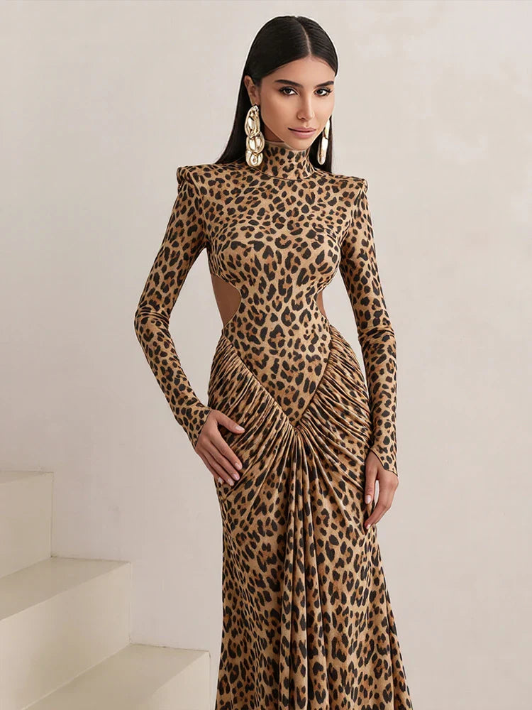 Leopard Maxikleid Rückenfrei Abendkleid Mit Stehkragen