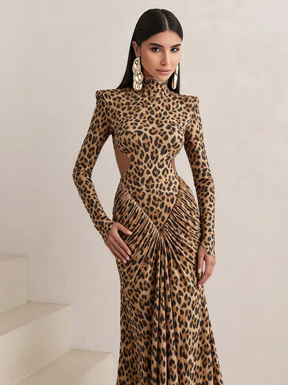 Leopard Maxikleid Rückenfrei Abendkleid Mit Stehkragen
