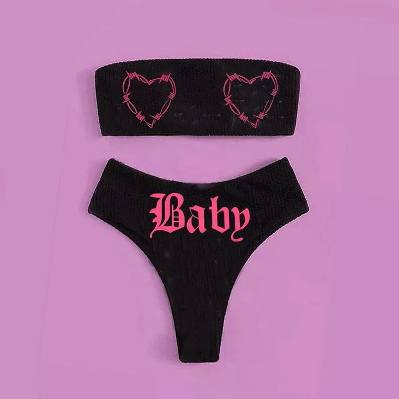 Gothic Badeanzug Frauen Totenkopf Druck Bikini Set Schwarz