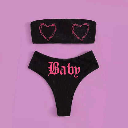 Gothic Badeanzug Frauen Totenkopf Druck Bikini Set Schwarz