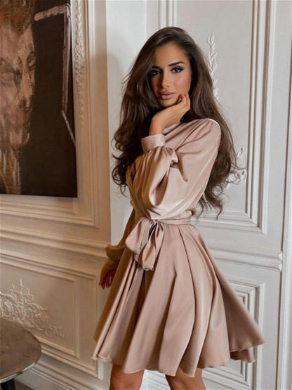 Frauen Satinkleid Langärmelig Rüschen Elegant