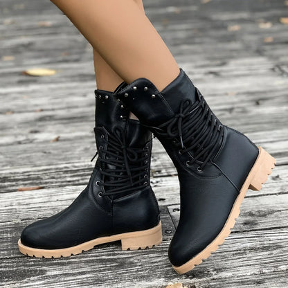 Robuste Schnürstiefel Nieten Stiefel Profilsohle Schwarz