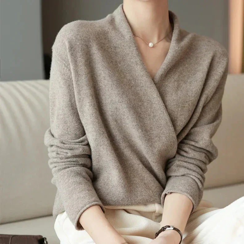 Damen Stricktop Wickelausschnitt Frühlingslook