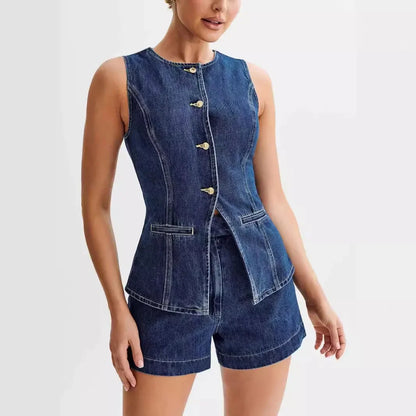 Denim Zweiteiler Set mit Weste und Shorts Sommer