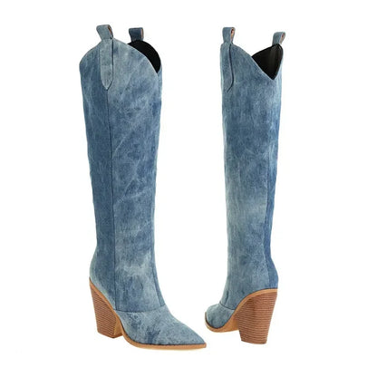 Hohe Denim Stiefel Knielang Damen Schuhe