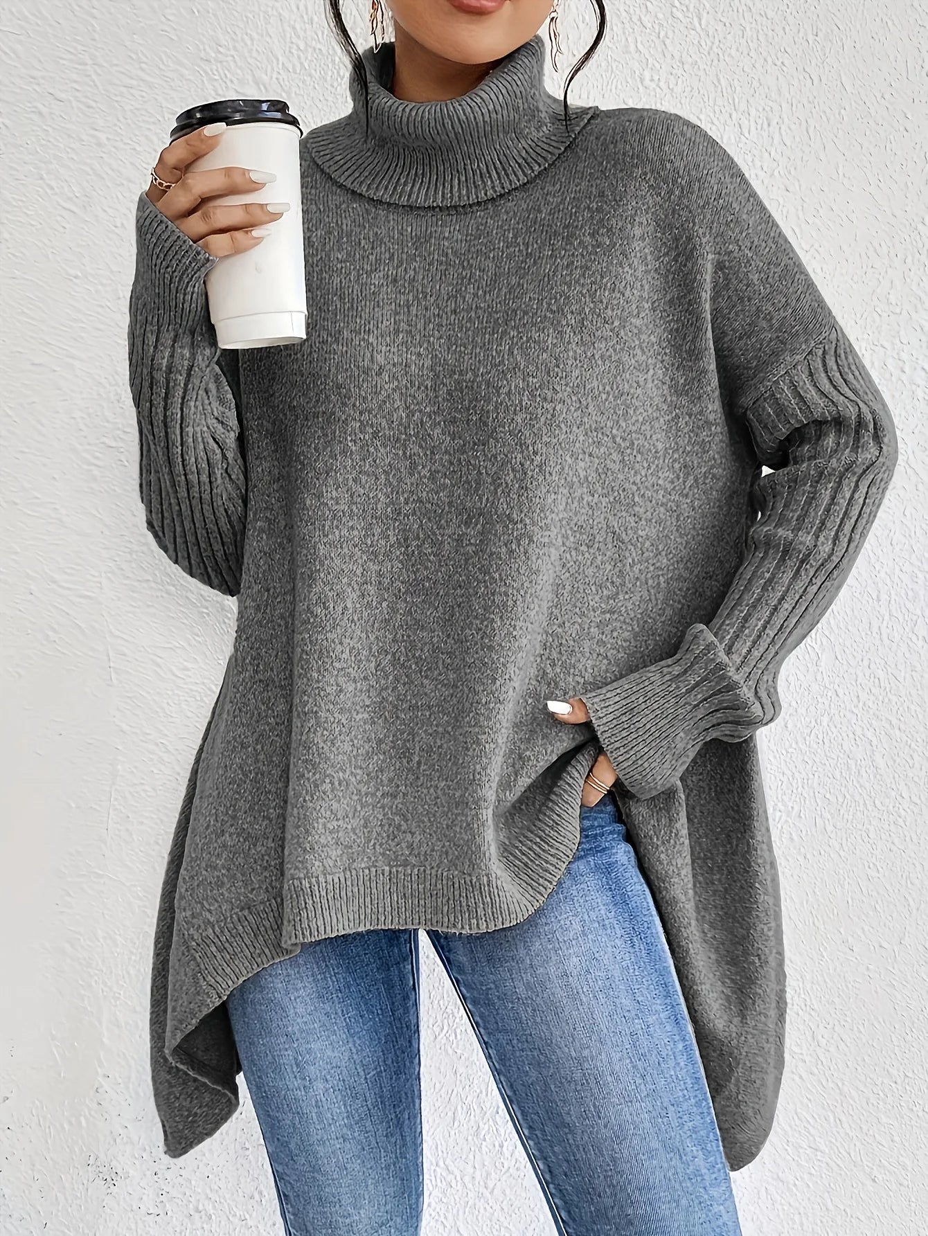 Damen Oversized Pullover Warm Hochkragen Winter