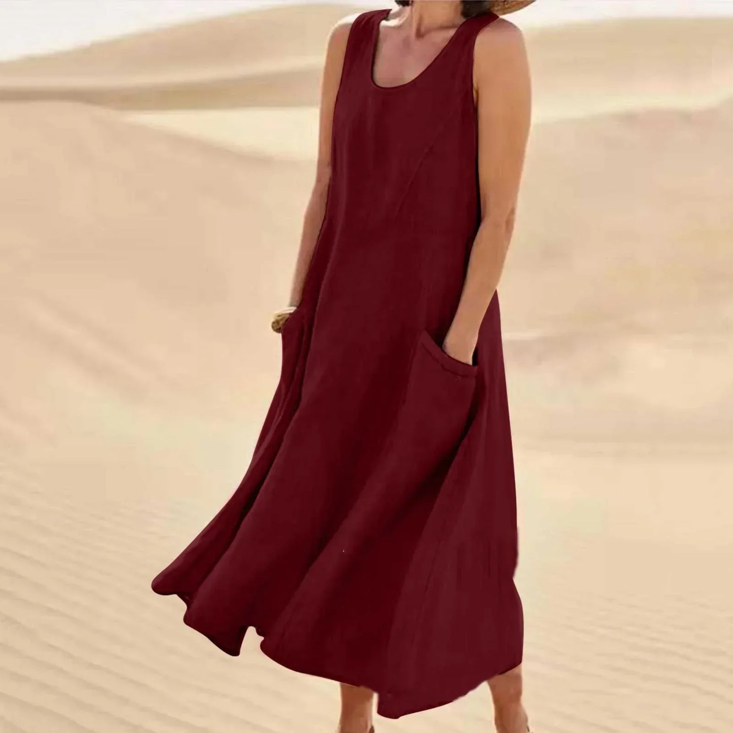 Leinenkleid Damen Ärmellos Sommerkleid mit Taschen