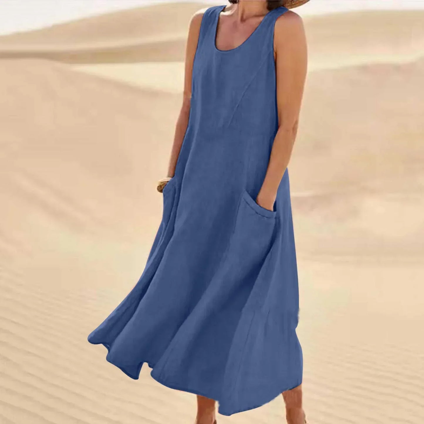 Leinenkleid Damen Ärmellos Sommerkleid mit Taschen