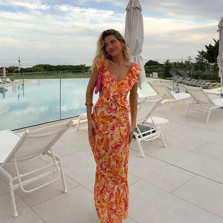 Sommer Maxikleid Blumenmuster Rüschen Damenschuhe - BerlinGlamour