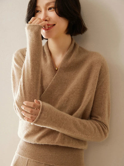 Damen Wickelpullover Elegantes Überkreuzdesign Modern