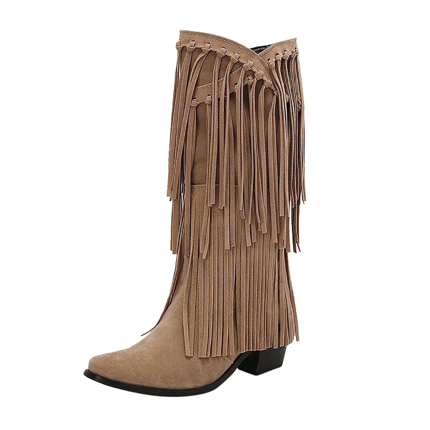 Hohe Damenstiefel Fransen Boots Blockabsatz Schwarz