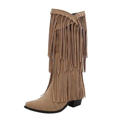 Hohe Damenstiefel Fransen Boots Blockabsatz Schwarz