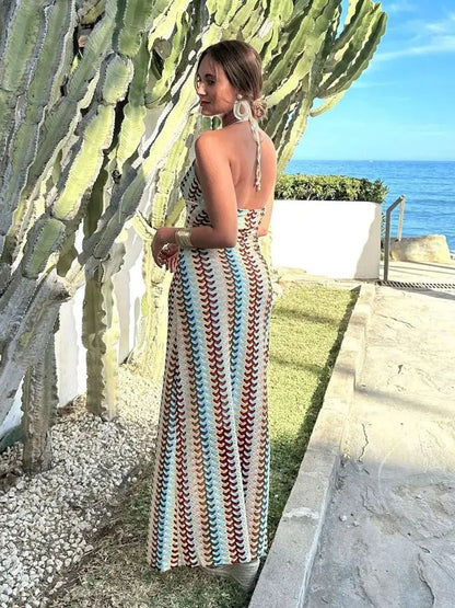 Rückenfreies Maxikleid mit Wellenmuster Sommer Boho Stil