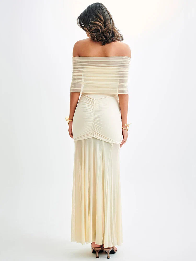 Elegantes Maxi-Kleid mit Off-Shoulder Mesh und figurbetontem Schnitt
