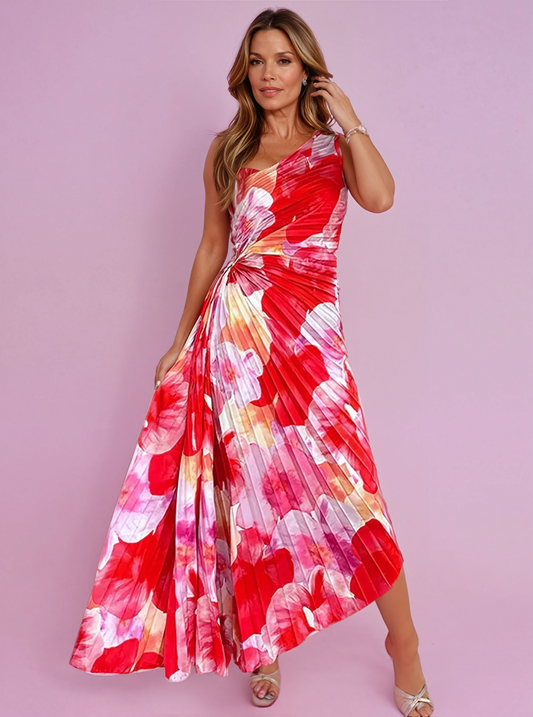 Elegantes Frauenkleid mit Plißen und Blumenmuster - BerlinGlamour