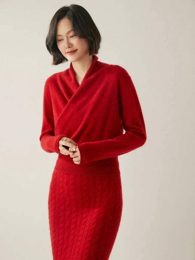 Damen Wickelpullover Elegantes Überkreuzdesign Modern