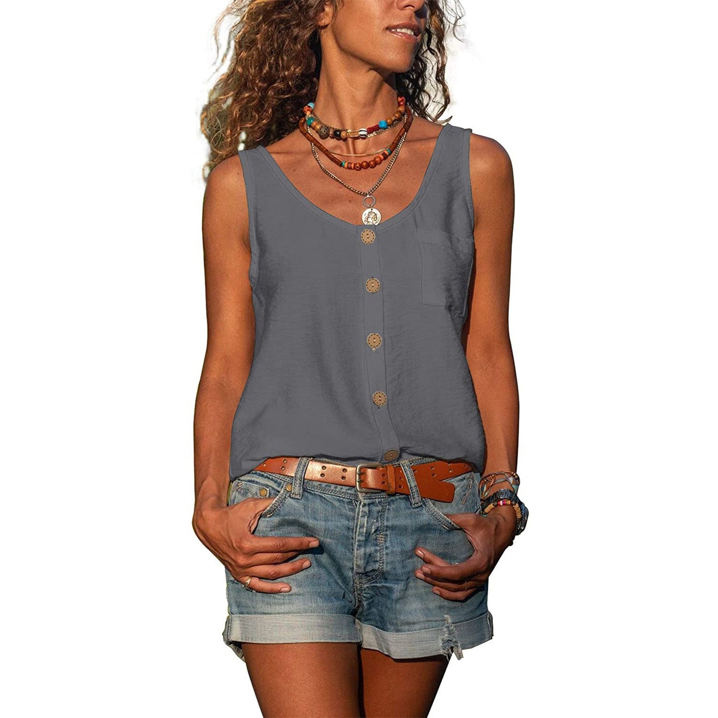 Damen Tanktop mit Knöpfen und Seitentasche - BerlinGlamour