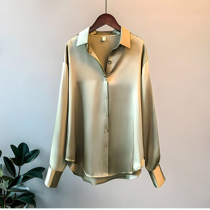 Elegante Frauen Bluse Langarm Satin Seide