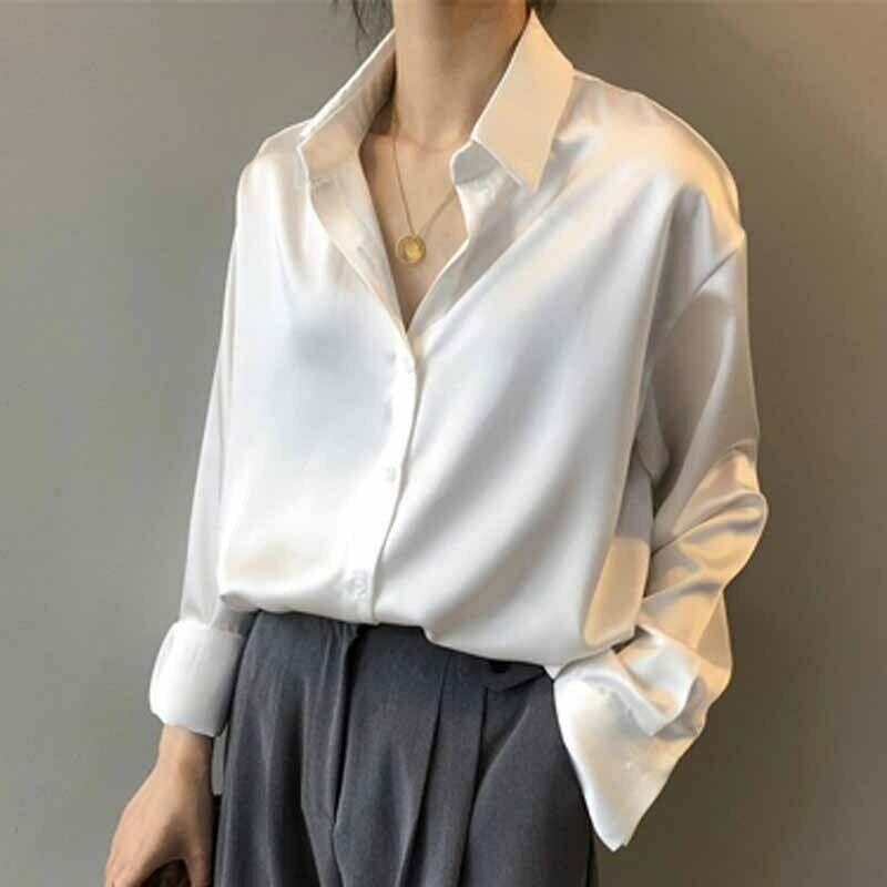 Elegante Frauen Bluse Langarm Satin Seide