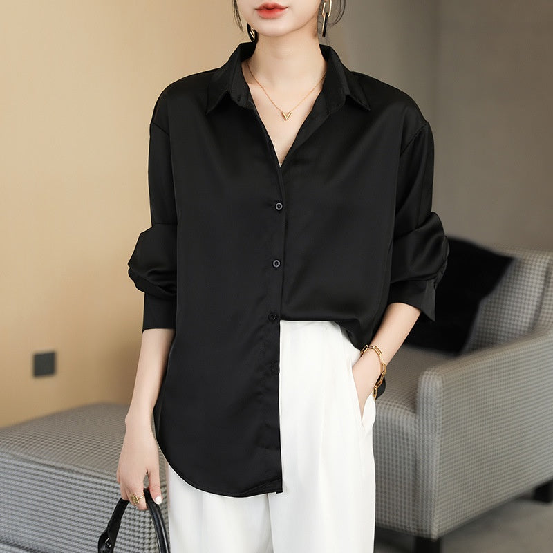 Elegante Frauen Bluse Langarm Satin Seide