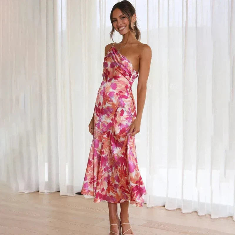 Elegantes One-Shoulder-Kleid Blumenmuster Sommer