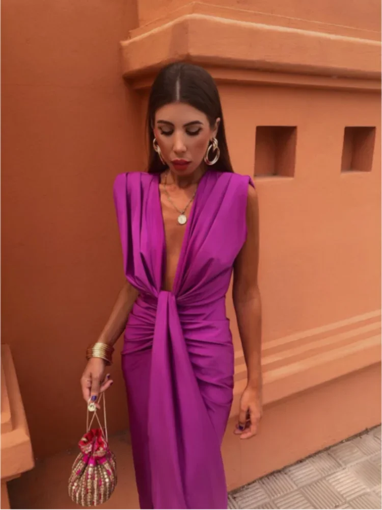 Damenkleid für Hochzeitsgäste mit V-Ausschnitt und Raffung