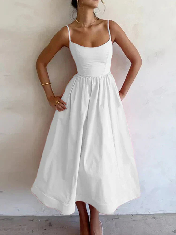 Damen Midi-Kleid Spaghettiträger Sommerkleid Elegant