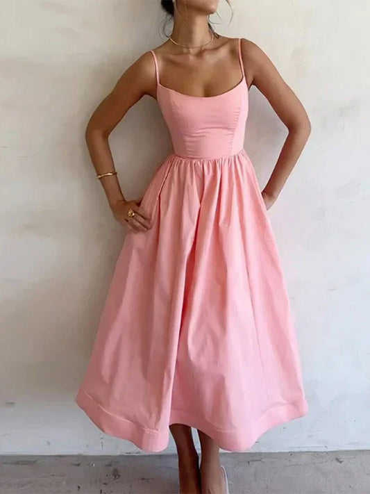 Elegantes Damen Midi-Kleid Spaghettiträger Sommerkleid - BerlinGlamour