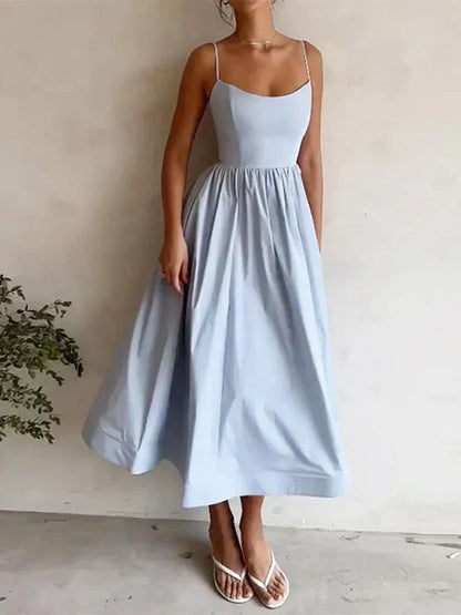 Damen Midi-Kleid Spaghettiträger Sommerkleid Elegant