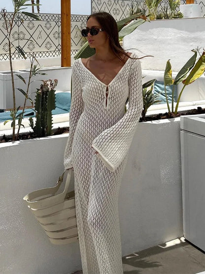 Langarm Maxikleid Häkeloptik Tiefes Dekolleté