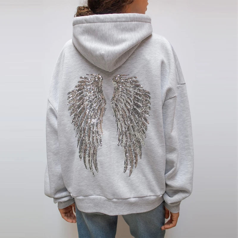 Grauer Hoodie mit Pailletten-Flügeln Frauen - BerlinGlamour