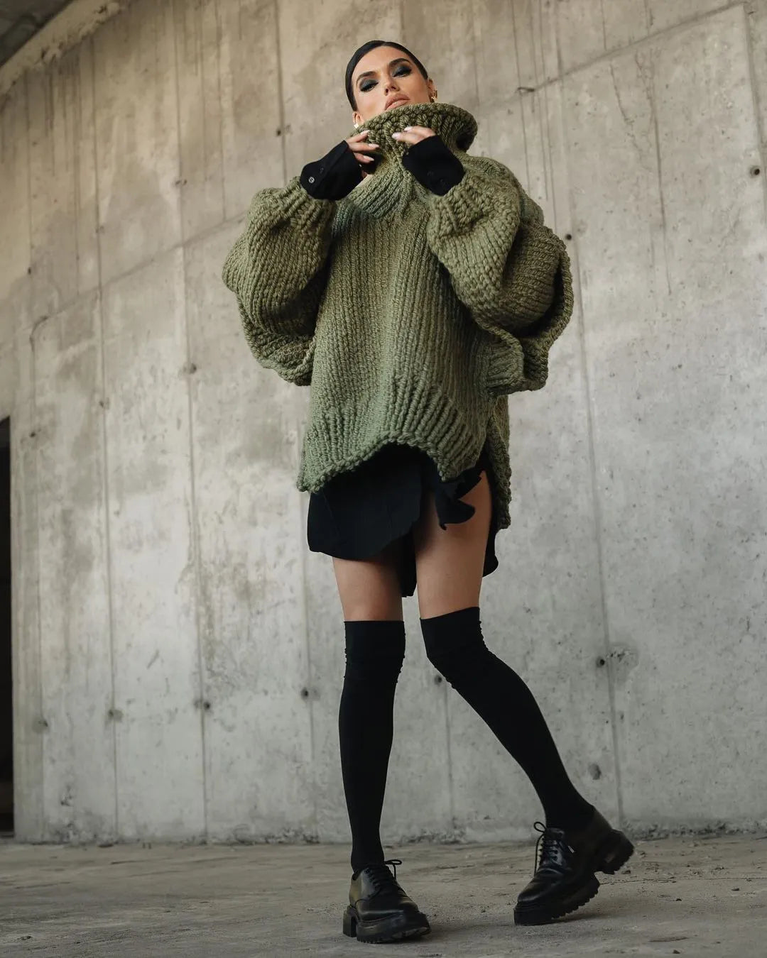 Damen Strickpullover Oversize Rollkragen Grobstrick