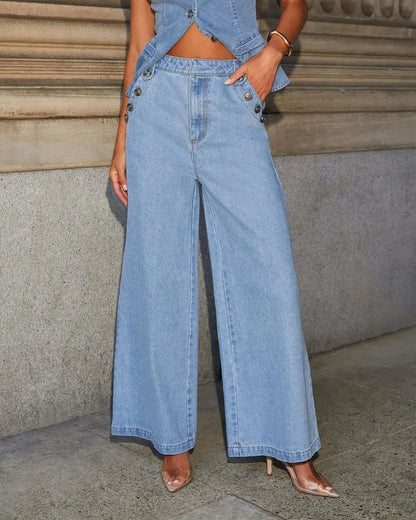 Modisches Denim-Zweiteiler-Set mit Weste und Weitbein-Jeans