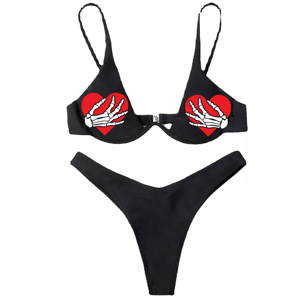 Gothic Badeanzug Frauen Totenkopf Druck Bikini Set Schwarz