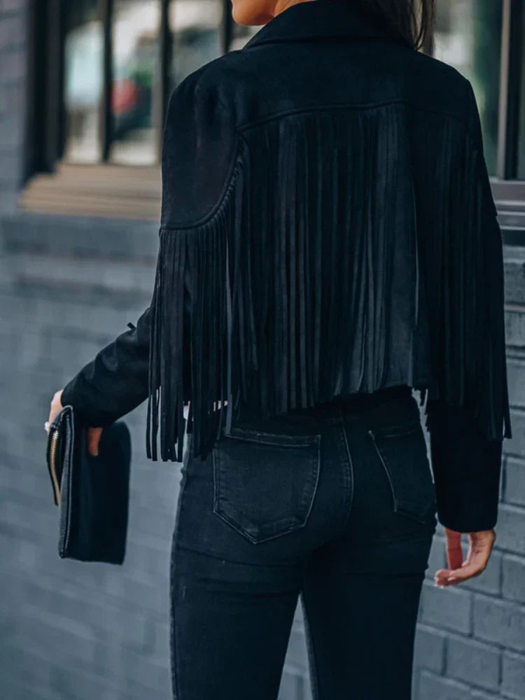 Rückansicht Fraya Fransenjacke Schwarz, cropped
