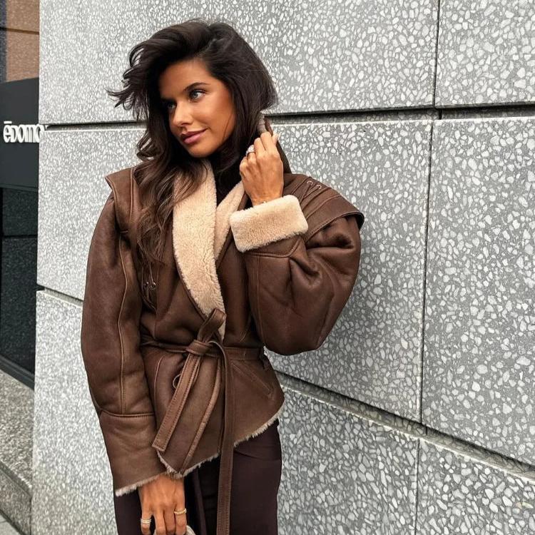 Kunstlederjacke Warm Teddyfutter Schnürung Frauen
