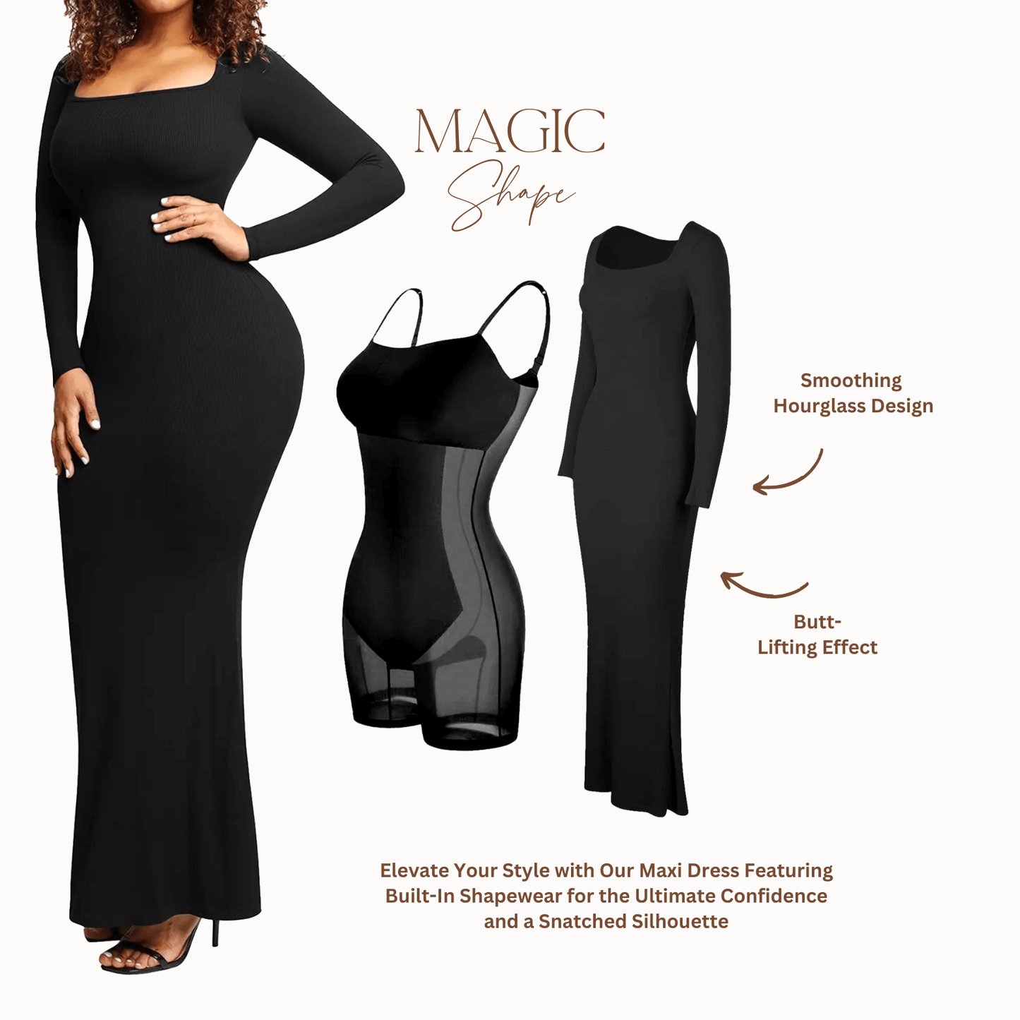 Schwarzes Langarm-Maxikleid Bodycon Damenkleid