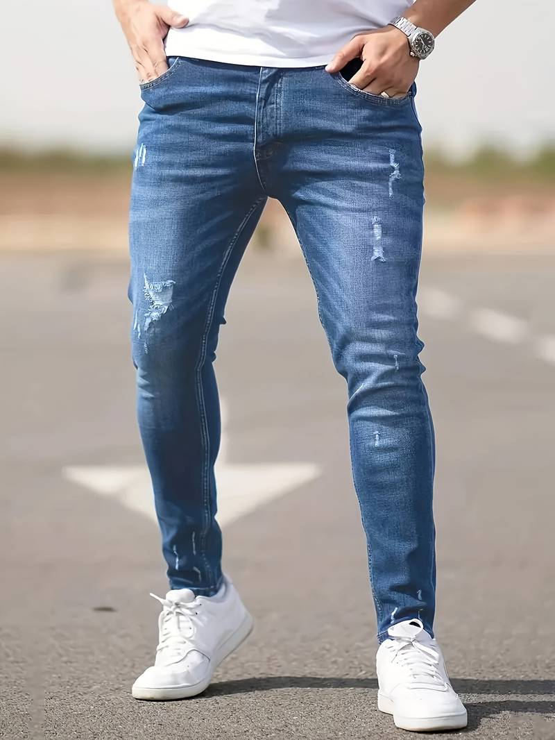 Skinny Jeans – Blau – Schmaler Schnitt – Zerrissene Jeans – Herrenjeans-Lebendiges Blau-XS-Chaps Herrenmode
