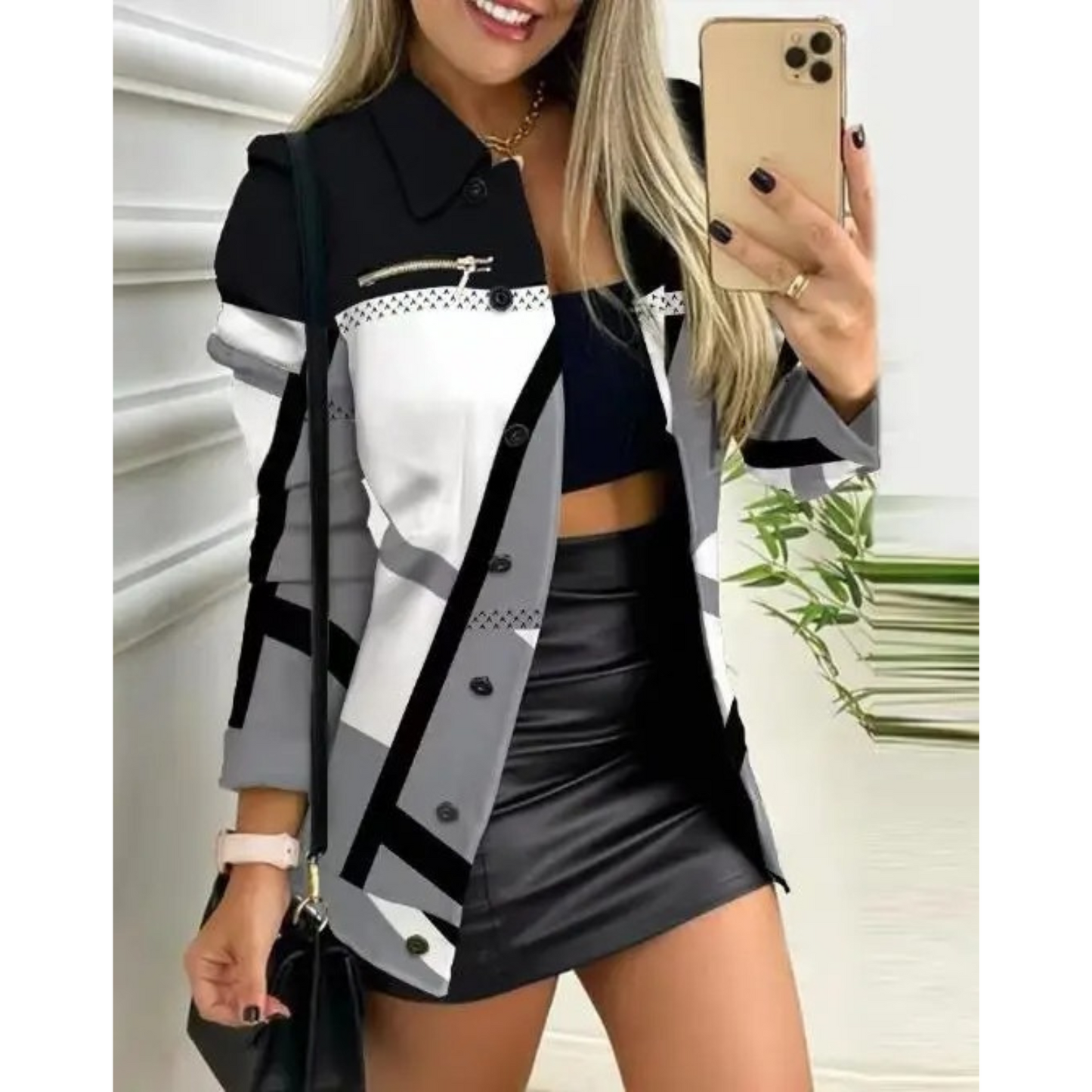 Lange Sommerjacke Damen Slim Fit Gedruckt Revers